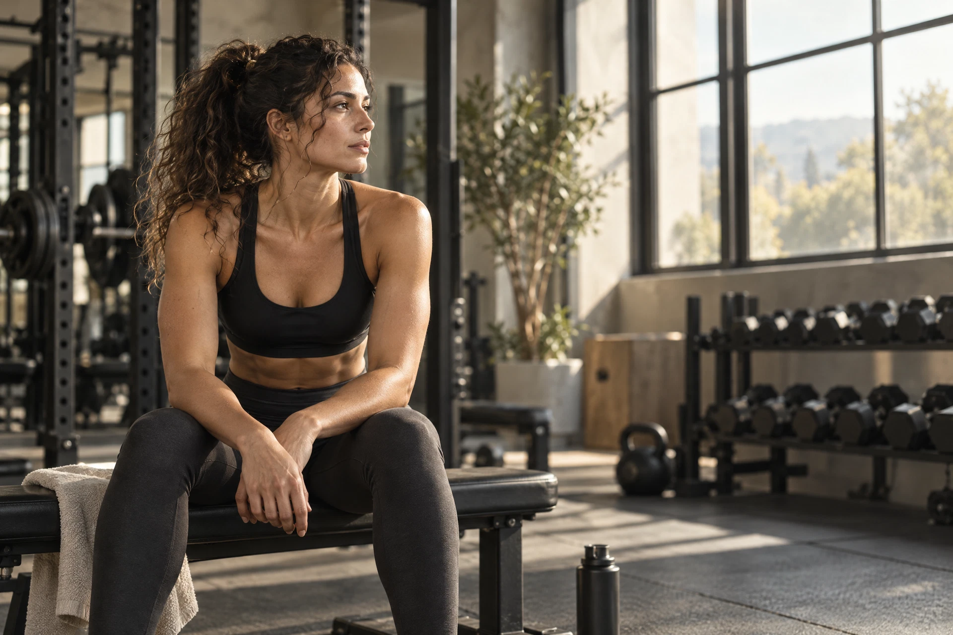 A strong woman training with focus in a gym