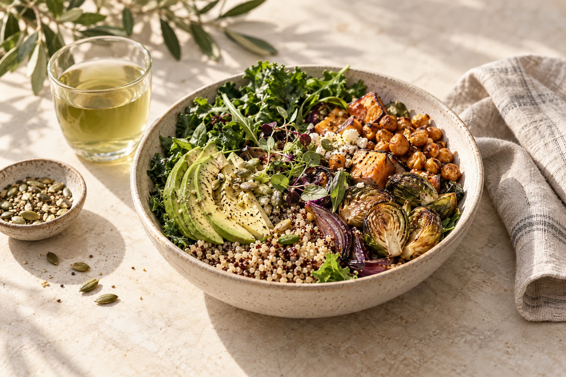 A nourishing bowl of colorful whole foods on a sunlit table